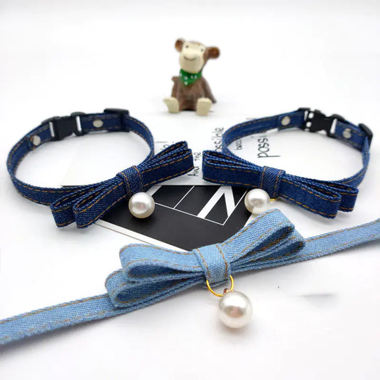 Adjustable Denim Pet Collar with Pearl Bell