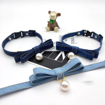 Adjustable Denim Pet Collar with Pearl Bell